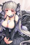  1girl azur_lane bangs bare_shoulders between_breasts black_dress blush breasts choker cleavage dress earrings eyebrows_visible_through_hair formidable_(azur_lane) frilled_dress frills gradient gradient_background grey_hair hair_ribbon highres jewelry large_breasts long_hair long_sleeves looking_at_viewer red_eyes ribbon sitting solo twintails two-tone_dress two-tone_ribbon very_long_hair yumibakama_meme 