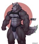  abs anthro biceps black_clothing black_topwear black_underwear bulge canid canine canis clothed clothing eye_patch eyewear fist fur grey_body grey_fur hi_res jockstrap leather looking_at_viewer male mammal muscular muscular_male nintendo nipples pecs scar shugggie simple_background solo star_fox topwear underwear video_games wolf wolf_o&#039;donnell 