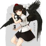  1girl beato2528 belt bird bird_wings black_belt black_bird black_hair black_skirt black_wings border breasts buttons camera collared_shirt crow feathered_wings frilled_skirt frills hat holding holding_camera holding_pencil miniskirt pencil pointy_ears pom_pom_(clothes) puffy_short_sleeves puffy_sleeves red_eyes red_hat shameimaru_aya shirt short_hair short_sleeves skirt small_breasts solo tokin_hat touhou white_border white_shirt wings 