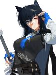  1girl animal_ears arknights ascot black_hair black_vest blue_ascot blue_gloves breasts closed_mouth collared_shirt ear_piercing expressionless fingerless_gloves gloves hand_up highres jacket jacket_on_shoulders long_hair looking_at_viewer medium_breasts piercing pouch raneblu shirt simple_background solo sword texas_(arknights) texas_the_omertosa_(arknights) tucking_hair upper_body vest weapon white_background white_shirt wolf_ears yellow_eyes 