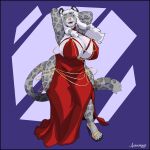 absurd_res anthro bethesda_softworks big_breasts breasts cleavage clothed clothing dress felid female footwear greasymojo hair hands_behind_head hi_res high_heels hollow_hip_backless_chain_dress huge_breasts khajiit leopard_spots looking_at_viewer mammal meme meme_clothing microsoft pantherine raised_arms red_clothing red_dress salty-paws smile smiling_at_viewer snow_leopard solo spots swaying_hips the_elder_scrolls the_elder_scrolls_online thick_thighs white_hair wide_hips yellow_eyes