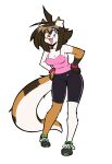  2024 anthro black_nose blue_eyes bottomwear brown_hair clothing domestic_cat felid feline felis female footwear green_eyes hair hand_on_hip heterochromia hi_res mammal megazone23 open_mouth pink_clothing pink_topwear shoes shorts simple_background smile sneakers solo standing tail topwear white_background 
