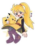  1girl :d black_eyes black_sleeves blonde_hair boots full_body highres holding holding_pokemon kuroda_(krd_pkmn) long_hair long_sleeves looking_at_viewer open_mouth pikachu pokemon pokemon_(creature) pokemon_adventures ponytail smile white_background yellow_(pokemon) yellow_tunic 