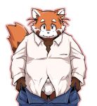 2024 ailurid anthro belly black_nose blush bottomwear bottomwear_down brown_body bulge clothed clothing futaba_kotobuki kemono male mammal orange_body overweight overweight_male pants pants_down partially_clothed red_panda shirt simple_background solo takagi_kyou tongue tongue_out topwear trouble_(series) underwear white_background