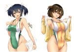  2girls adapted_costume alternate_costume blue_hair blush breasts brown_hair collarbone competition_swimsuit covered_navel cowboy_shot eyebrows_visible_through_hair green_eyes groin hair_between_eyes hair_ribbon highleg highleg_swimsuit hiryuu_(kantai_collection) holding holding_jacket impossible_clothes jacket kantai_collection kuga_zankurou large_breasts long_sleeves looking_at_viewer multiple_girls one-piece_swimsuit one_side_up open_clothes open_jacket open_mouth ribbon short_hair simple_background smile souryuu_(kantai_collection) standing swimsuit swimsuit_under_clothes thighs track_jacket twintails twitter_username white_background yellow_swimsuit 