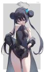  1girl ass_visible_through_thighs black_coat black_dress black_gloves black_hair blue_archive breasts butterfly_hair_ornament china_dress chinese_clothes coat double_bun dragon dragon_print dress eastern_dragon gloves hair_bun hair_ornament halo highres kisaki_(blue_archive) kuri_choko long_hair looking_at_viewer md5_mismatch mouth_hold resolution_mismatch simple_background single_glove small_breasts solo source_smaller striped_coat twintails two-tone_background vertical-striped_coat very_long_hair 