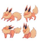  charamells closed_eyes commentary creature english_commentary flareon full_body gen_1_pokemon lying no_humans on_stomach pokemon pokemon_(creature) simple_background sitting standing white_background 