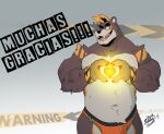 anthro bear blonde_hair brown_body brown_fur chest_tattoo clothing dan_peligroso fur hair heart_symbol hi_res male mammal markings musclegut muscular orange_clothing orange_underwear solo tattoo thong underwear warning_sign warning_yiff yellow_markings zipperhyena