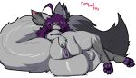  ace_spades_(solxtyrant) ahoge anthro anus backsack balls big_butt big_tail butt canid canine ear_piercing ear_ring femboy fox genitals hair hybrid inner_ear_fluff male mammal pawpads piercing presenting presenting_anus pupils purple_anus purple_eyes purple_hair purple_pawpads ring_piercing simple_background smug solo spread_anus spreading tail thick_thighs tuft uromatsu white_pupils 