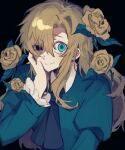  1girl ascot black_background black_eyes blonde_hair blue_ascot blue_eyes closed_mouth collared_dress dress flower frilled_sleeves frills green_dress hair_between_eyes half-closed_eye hand_on_own_cheek hand_on_own_face heterochromia ib_(kouri) juliet_sleeves long_hair long_sleeves looking_at_viewer mary_(ib) puffy_sleeves rose simple_background smile solo takenaka_(takenaka1111) uneven_eyes upper_body wing_collar yellow_flower yellow_rose 