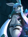  anthro black_clothing bottomwear breasts can clothing container cropped_jacket eeveelution female generation_4_pokemon glaceon hi_res hotpants looking_down midriff navel night nintendo outside pokemon pokemon_(species) rilex_lenov shorts small_breasts solo thick_thighs thigh_strap under_boob 