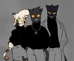absurd_res anthro arthur_(ghozt) biped clothed clothing domestic_cat felid feline felis female front_view ghozt green_eyes grey_background group hi_res male mammal orange_sclera red_eyes simple_background smile trio