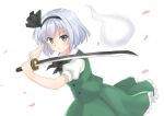  1girl black_hairband closed_mouth commentary falling_petals green_eyes green_skirt green_vest grey_hair hairband hitodama holding holding_sword holding_weapon katana konpaku_youmu konpaku_youmu_(ghost) light_frown looking_at_viewer petals pink_petals raki_(for03ge) short_hair skirt skirt_set solo sword touhou unsheathed vest weapon 