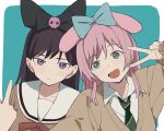  2girls animal_ear_hairband animal_ears bang_dream! bang_dream!_it&#039;s_mygo!!!!! blue_background blush border brown_dress brown_hair chihaya_anon closed_mouth coldcat. collared_shirt commentary dress fake_animal_ears fang green_necktie grey_eyes hairband hanasakigawa_school_uniform hand_up haneoka_school_uniform highres kuromi long_hair looking_at_viewer mole mole_under_eye multiple_girls my_melody necktie onegai_my_melody open_mouth pink_hair purple_eyes rabbit_ears sanrio school_uniform selfie shiina_taki shirt simple_background smile upper_body v white_border white_shirt 