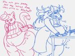  2020 4:3 aliasing anthro belly belly_noises big_belly big_butt bloated butt clothed clothing coat demon digital_media_(artwork) duo hyper hyper_belly lab_coat male male/male mammal marten mustelid musteline scalie science_lab sephaloid text thick_thighs topwear tyler_(messageon) wings 