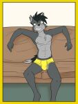 anthro barefoot black_hair briefs briefs_only bulge canid canine clothed clothing feet fox fox_frat_dude_(fuze) fur furniture fuze grey_body grey_fur hair hi_res male mammal navel nipples on_sofa sitting sofa solo topless underwear underwear_only yellow_briefs yellow_clothing yellow_underwear