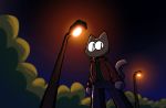  2019 anthro black_body black_fur clothed clothing detailed_background domestic_cat felid feline felis fully_clothed fur hi_res jacket jaquin_s low-angle_view male mammal night outside perspective plant shrub solo street_lamp topwear 