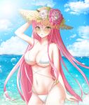  1girl absurdres arm_up azur_lane bare_shoulders bikini blue_sky breasts bubble chanel cloud commentary day flower green_eyes groin hair_between_eyes hat hat_flower highleg highleg_bikini highres horns huge_filesize kuma_9180 large_breasts long_hair looking_at_viewer navel ocean open_mouth pink_hair sky solo sparkle standing straw_hat sunglasses sunlight surcouf_(azur_lane) swimsuit underboob white_bikini 