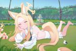  1girl animal_ears arm_support aruhian backless_dress backless_outfit bare_back barefoot bird blonde_hair blue_archive blurry commentary_request depth_of_field detached_sleeves dress flower forehead forest fountain fox_ears fox_girl fox_tail grass hair_flower hair_ornament halo head_rest head_tilt highres long_hair long_sleeves looking_at_viewer lying nature on_stomach orange_eyes outdoors parted_bangs sailor_collar school_uniform seia_(blue_archive) sidelocks smile solo tail toes turtleneck white_dress white_sailor_collar 