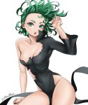  1girl :o absurdres black_dress breasts cleavage covered_navel curly_hair dismaiden dress green_eyes green_hair hand_up highres looking_at_viewer one-punch_man open_mouth side_slit simple_background small_breasts solo tatsumaki torn_clothes torn_dress white_background 