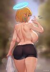  1girl ass black_shorts blonde_hair blue_eyes blue_hair blurry blurry_background breasts commission fanning_face fanning_self from_behind glooz_art halo highres large_breasts multicolored_hair open_mouth original pointy_ears short_hair shorts solo streaked_hair sweat tongue tongue_out topless 