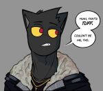 anthro arthur_(ghozt) biped black_body black_fur clothed clothing dialogue domestic_cat felid feline felis fur ghozt male mammal orange_sclera red_eyes solo speech_bubble