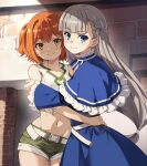  2girls bare_shoulders belt blue_dress blue_eyes blush braid brick_wall closed_mouth collarbone cowboy_shot crop_top dress frilled_dress frills green_shorts grey_hair hand_on_another&#039;s_hip hug kanne_(sousou_no_frieren) lawine_(sousou_no_frieren) long_hair looking_at_viewer low-tied_long_hair multiple_girls navel nyoro_(nyoronyoro000) orange_eyes orange_hair short_hair shorts smile sousou_no_frieren sunlight twintails white_belt 