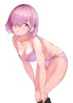  1girl bra breasts cleavage collarbone cowboy_shot dressing eyebrows_visible_through_hair fate/grand_order fate_(series) hair_over_one_eye leaning_forward looking_at_viewer mash_kyrielight medium_breasts open_mouth panties purple_eyes purple_hair short_hair sikijou77o solo toned underwear white_background 