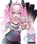  1girl ahoge artist_name b4r0 belt blush fang gameplay_mechanics grace_(sound_voltex) hair_ornament heart highres hip_vent horns long_hair looking_at_viewer pink_eyes pink_hair pointing pointing_at_viewer print_shirt shirt short_sleeves solo sound_voltex t-shirt twintails white_background 