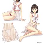  1girl barefoot blush bow commission cosplay dress green_eyes hair_between_eyes highres lingerie navel original panties pink_bow pixiv_commission sailor_collar school_uniform see-through see-through_dress setu_kurokawa short_hair sitting thighs underwear white_sailor_collar 