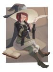  1girl absurdres bob_cut book boots bridal_gauntlets brown_footwear cape closed_eyes diagonal_bangs fire_emblem fire_emblem_awakening glasses hair_tubes hat highres kaphrin leather leather_boots miriel_(fire_emblem) quill red_hair witch_hat 