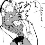  anthro controller electronics furlong_(live_a_hero) game_controller gaming headphones hyena japanese_text lifewonders live_a_hero male mammal playing_video_game scared screaming solo text tvknmilife 