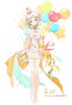  1girl absurdres anniversary ascot balloon bare_shoulders blonde_hair breasts cleavage confetti crown detached_sleeves dress head_tilt heart_balloon highres large_breasts looking_at_viewer mini_crown multicolored_hair see-through_sleeves shoes short_dress single_thighhigh smile sogawa solo thighhighs two-tone_hair white_dress white_footwear white_hair white_legwear white_neckwear yellow_eyes yuzuha_(channel) yuzuha_(yuzuha_virtual) 