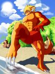  2_horns abs anthro blonde_hair bushiroad claws clothing dragon drum_bunker_dragon future_card_buddyfight hair hi_res horn male muscular muscular_anthro muscular_male mythological_creature mythological_scalie mythology pecs scalie solo soonico swimwear tail 