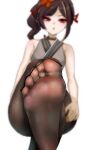  1girl black_pantyhose blurry brown_hair brown_pantyhose chiori_(genshin_impact) choker close-up depth_of_field feet foot_focus foot_up genshin_impact highres kukoi no_shoes pantyhose presenting_foot red_eyes see-through sleeveless soles solo toes 