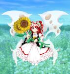  1girl black_vest closed_mouth commentary_request dress fairy fairy_wings flower frilled_dress frills full_body hair_flower hair_ornament happy holding holding_plant kiri0ai plant red_eyes red_hair smile socks solo sunflower sunflower_fairy_(touhou) touhou two_side_up vest white_dress white_socks white_wings wings zun_(style) 