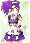  1girl apron bad_source border bow breasts closed_mouth cowboy_shot frilled_skirt frills green_background hand_on_own_hip idol_clothes long_hair looking_at_viewer maid_headdress mdr_onj1807 medium_breasts midriff navel pretty_series pripara purple_bow purple_hair purple_skirt side_ponytail skirt smile solo sparkle standing summer_maid_coord third-party_source toudou_shion waist_apron white_apron white_border wrist_cuffs yellow_eyes 