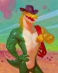 2024 anthro biped candy clothing countershade_torso countershading cowboy_hat crocodilian dessert digital_media_(artwork) food food_creature glitch_productions green_body gummigoo_(tadc) gummy_(food) gummy_creature hand_on_hip hand_on_own_hip hat headgear headwear hi_res living_candy male open_mouth outside portrait reptile rope scalie solo taran_fiddler the_amazing_digital_circus three-quarter_portrait white_body yellow_body