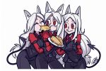  3girls aa2233a animal_ears belt black_gloves black_pants black_vest blush breasts cerberus_(helltaker) closed_eyes crepe demon_girl demon_tail dog_ears eating fang food fork gloves helltaker long_hair long_sleeves multiple_girls open_mouth pants red_eyes red_shirt sharing_food sharp_teeth shirt silver_hair simple_background tail teeth tongue triplets undershirt vest white_background 