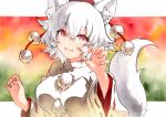  1girl :d animal_ear_fluff animal_ears fang hands_up hat highres inubashiri_momiji long_sleeves looking_at_viewer open_mouth qqqrinkappp red_eyes red_hat ribbon-trimmed_sleeves ribbon_trim shirt short_hair smile solo tail tokin_hat touhou upper_body white_hair white_shirt wolf_ears wolf_tail 