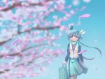  1girl aoki_lapis blue_eyes blue_hair blurry blurry_background cherry_blossoms extreme_nattou gem_hair_ornament grin highres holding holding_suitcase long_sleeves looking_at_viewer outdoors petals short_hair skirt smile solo suitcase tree vest vocaloid 