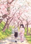  1boy 1girl absurdres aged_down black_footwear black_hair black_shorts blonde_hair blush cherry_blossoms day floral_print_kimono grass green_eyes highres holding_hands japanese_clothes kimono kudou_kiyoka looking_at_another neck_ribbon obi official_art outdoors pink_kimono ribbon road saimori_miyo sandals sash shirt short_hair shorts socks squinting suspender_shorts suspenders tree walking watashi_no_shiawase_na_kekkon white_shirt white_socks yellow_sash 