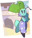 antennae_(anatomy) anthro arthropod bodily_fluids claws clothing cloud dress eremi_(bug_fables) eyelashes female flower_on_head flying_sweatdrops hair hi_res holding_object insect leaf mantis meirdent outside sky smile solo standing sweat sweatdrop umbrella 