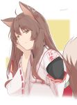  1girl ahoge animal_ears bangs blush brown_hair cherry_blossom_print closed_mouth detached_sleeves eyebrows_visible_through_hair floral_print fox_ears fox_tail fumi_(nijisanji) hair_between_eyes hair_ornament half-closed_eyes hand_on_own_cheek japanese_clothes kichihachi kimono lace-trimmed_sleeves long_hair long_sleeves looking_at_viewer miko nijisanji obi obijime sash sidelocks simple_background smile solo tail upper_body virtual_youtuber white_background white_kimono wide_sleeves yellow_eyes 