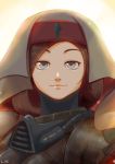  1girl armor blue_eyes brown_hair closed_mouth commentary commission english_commentary eyebrows_visible_through_hair looking_at_viewer lutherniel mask mask_removed medium_hair sister_of_battle smile solo veil warhammer_40k white_background 