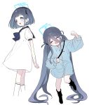  1girl absurdly_long_hair absurdres aris_(blue_archive) black_hair blue_archive blue_eyes blue_halo blue_shirt blush closed_eyes collared_shirt dress halo highres long_hair long_sleeves multiple_views open_mouth piyon_(pyon_piiii) puffy_short_sleeves puffy_sleeves shirt short_sleeves simple_background smile very_long_hair white_background white_dress 