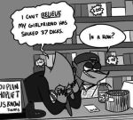  anthro backwards_baseball_cap baseball_cap cartoon_network clerks_(movie) clothing crossover duo english_text hat headgear headwear jay_(clerks) low_res male monochrome mordecai_(regular_show) parody regular_show rigby_(regular_show) silent_bob store text unknown_artist wince 