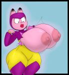  absurd_res anthro areola arlene_(garfield) big_breasts breasts clothing costume domestic_cat exposed_breasts eyelashes felid feline felis female fur garfield_(series) hi_res huge_breasts hyper hyper_breasts lips lipstick makeup mammal nipples obsuniq pink_body pink_fur red_lips red_lipstick simple_background solo surprised_expression thick_lips thick_thighs torn_clothing wide_hips 