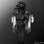 1:1 5_fingers anthro avian beak belt bird bottomwear clothed clothing corvid corvus_(genus) crow eyebrows fingers gooseboris hi_res holding_object male monochrome mr._crow muscular muscular_anthro muscular_male oscine pants passerine rusty_lake rusty_lake_roots shirt solo standing topwear undressing