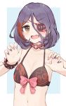  1girl bangs bikini bow bow_bikini bracelet brown_eyes choker claw_pose collarbone eyebrows_visible_through_hair eyepatch eyes_visible_through_hair fang flat_chest hair_between_eyes hayasaka_mirei highres idolmaster idolmaster_cinderella_girls jewelry looking_at_viewer multicolored multicolored_hair multicolored_nails navel o-ring o-ring_choker open_mouth parted_bangs pink_bow pink_nails purple_hair purple_nails red_choker red_hair shone short_hair simple_background solo spiked_bracelet spikes stomach streaked_hair swimsuit two-tone_hair upper_body 